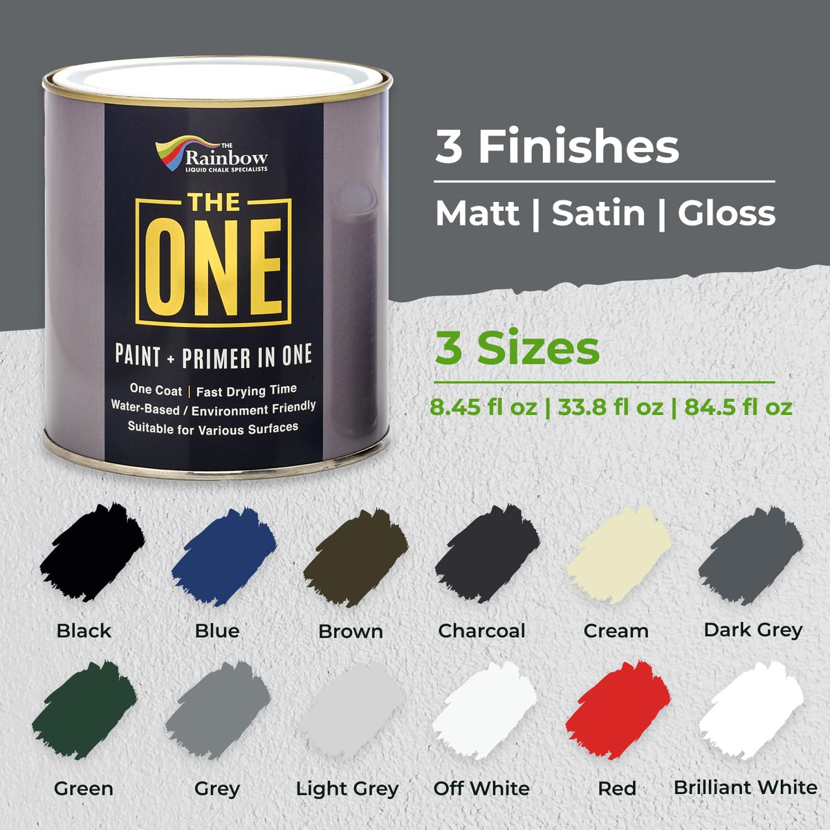 The One matte dark grey finish on wood, metal, or plastics offers a durable look.