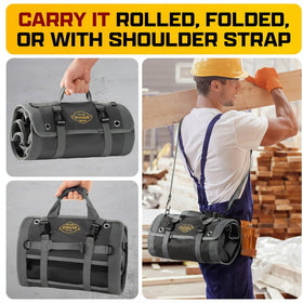 The Ryker Bag versatile roll-up design fits inside a vehicle or workbench.