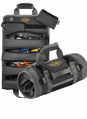The Ryker Bag roll-up tool bag closed for compact, portable tool storage.