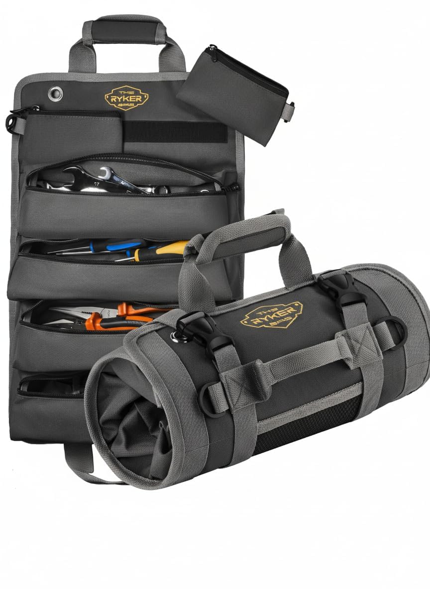 The Ryker Bag roll-up tool bag closed for compact, portable tool storage.