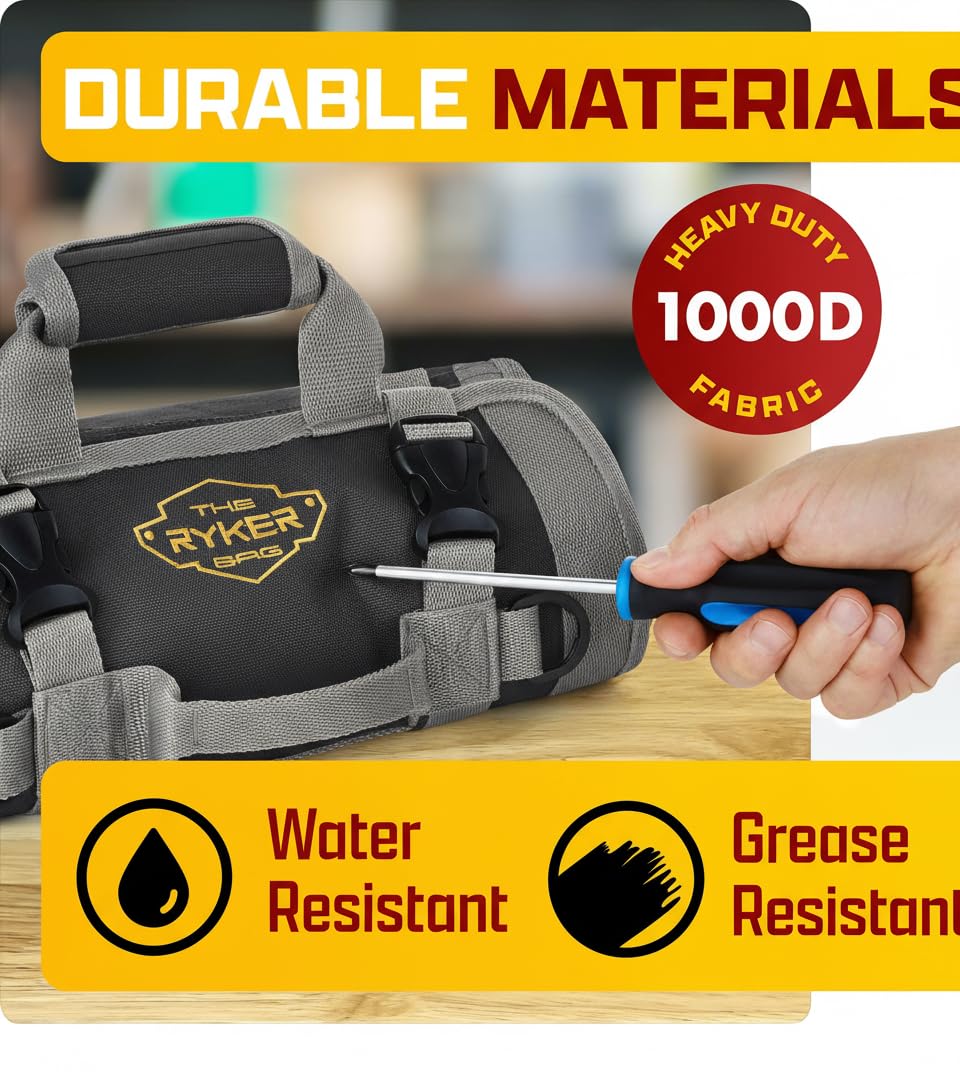 The Ryker Bag roll-up tool bag open compartments keeps tools accessible on site.
