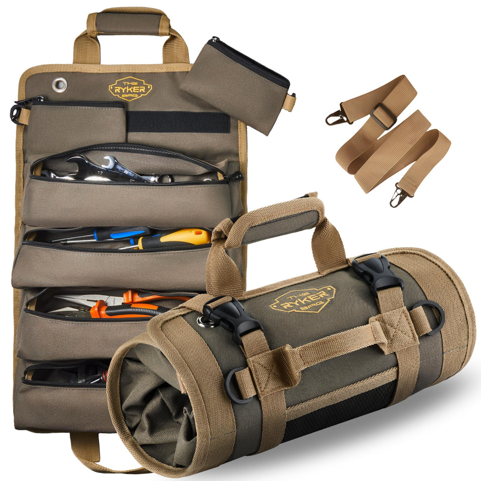 The Ryker Bag roll-up tool bag organizer closed view highlighting rugged canvas for tough jobs.