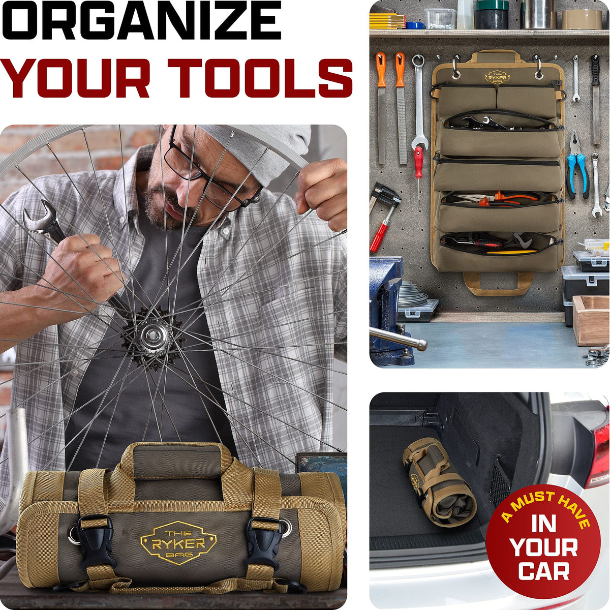 The Ryker Bag roll-up tool bag organizer ideal for mechanics on the go.