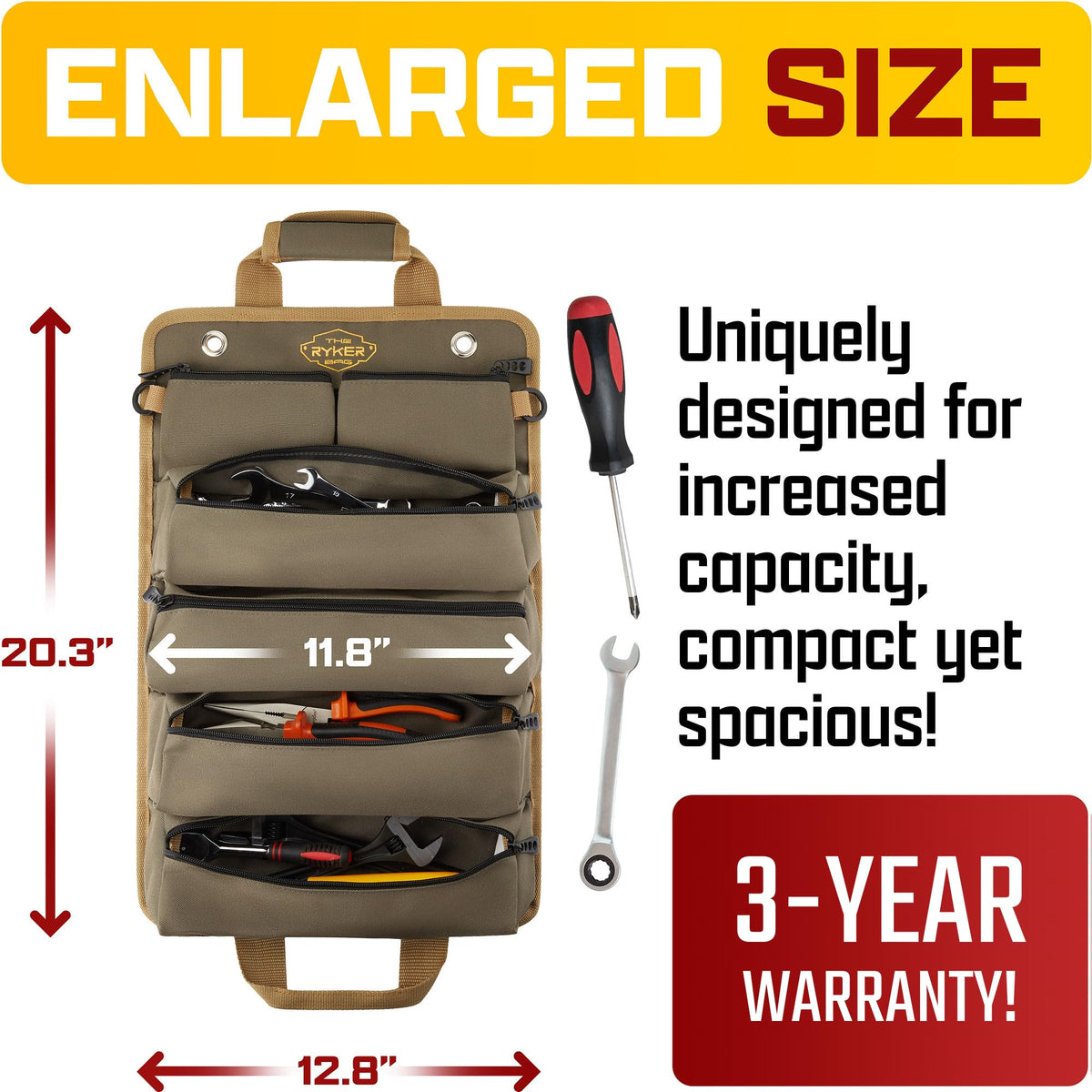 The Ryker Bag roll-up tool bag organizer shows four large compartments for organized storage.