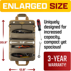 The Ryker Bag roll-up tool bag organizer shows four large compartments for organized storage.
