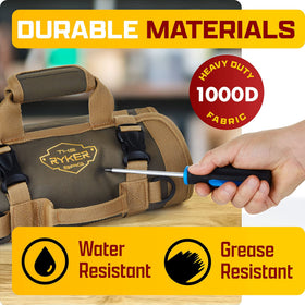The Ryker Bag roll-up tool bag organizer hanging in a garage for easy reach.