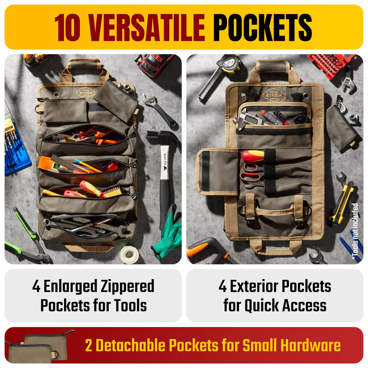 The Ryker Bag shows four large compartments for organized tools.