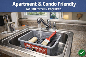 The Washbox fits most sinks to minimize splatter and mess.