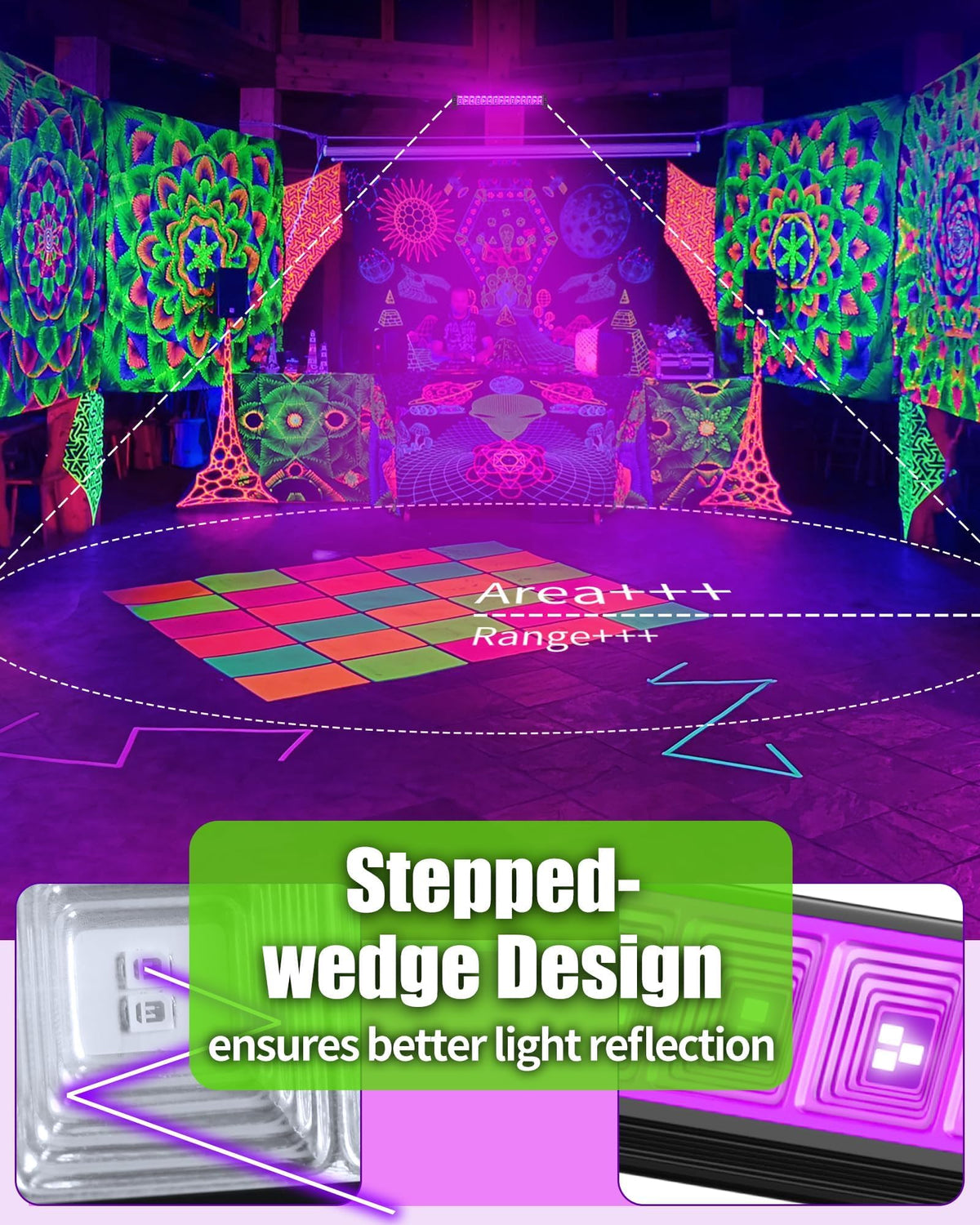 THECHAM 42W black light bar angled beam covers a wide area for parties.