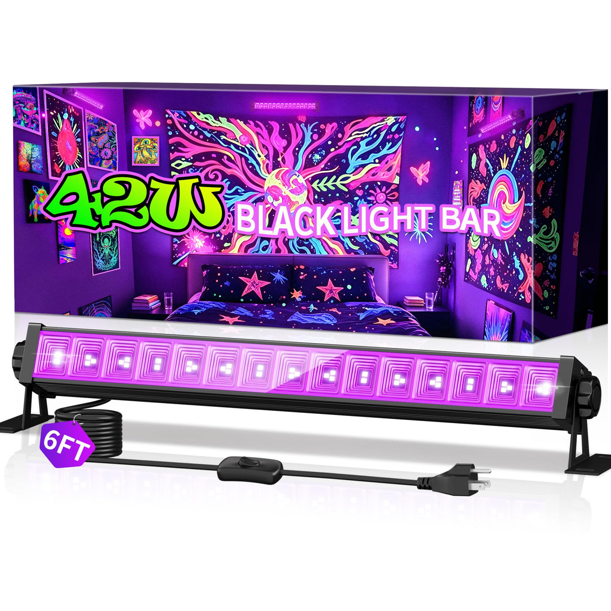 THECHAM 42W black light bar front view lighting neon posters for a vibrant glow.