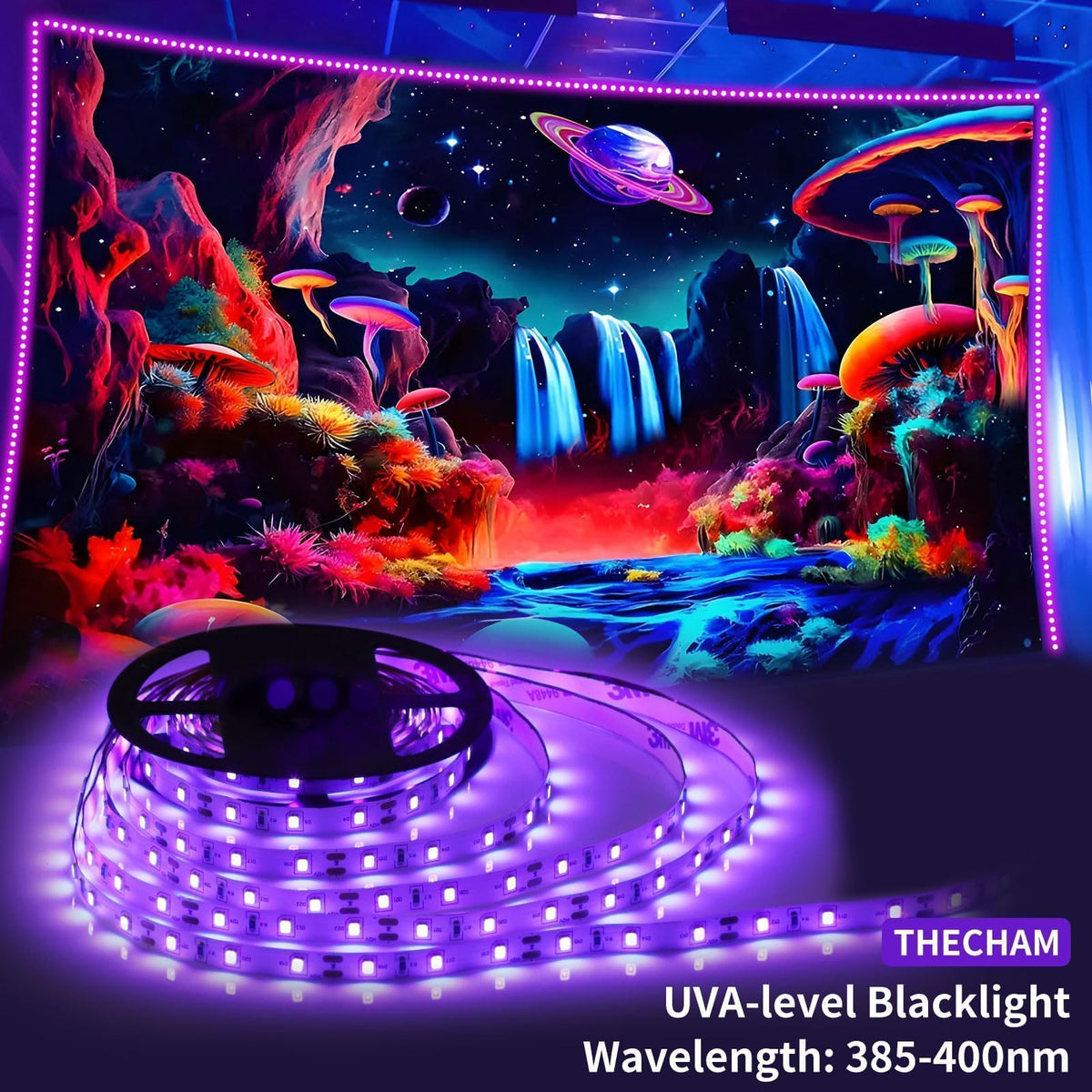 THECHAM 80ft blacklight strip for room-wide glow and party ambiance.