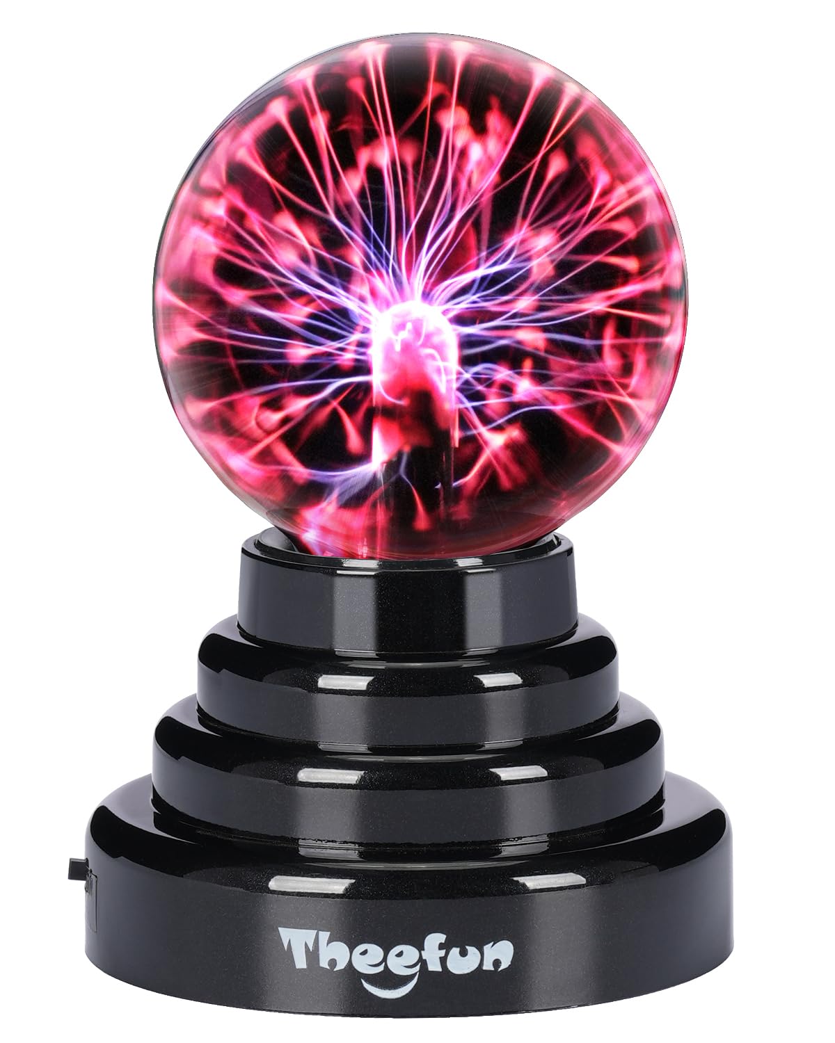Theefun Plasma Ball 3-Inch glows with colorful bolts for a playful desktop display.