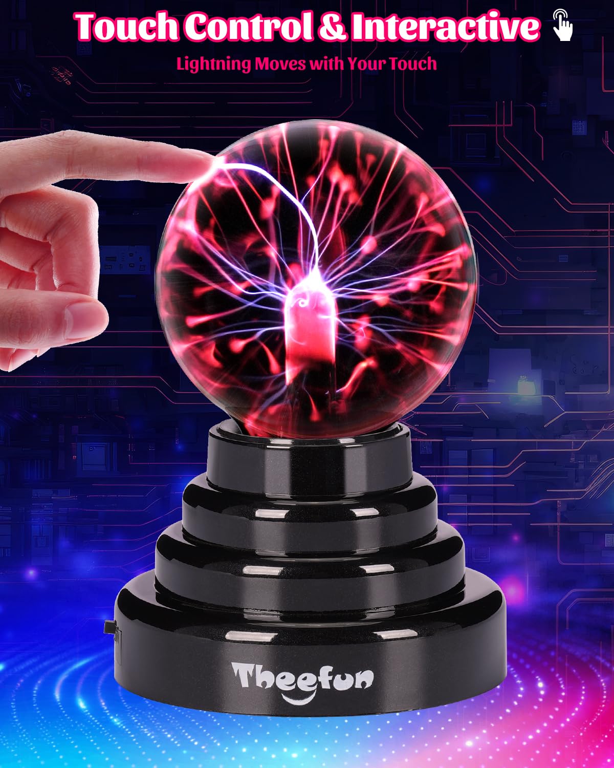 Theefun plasma ball glowing beams in a dark room create mesmerizing ambiance.