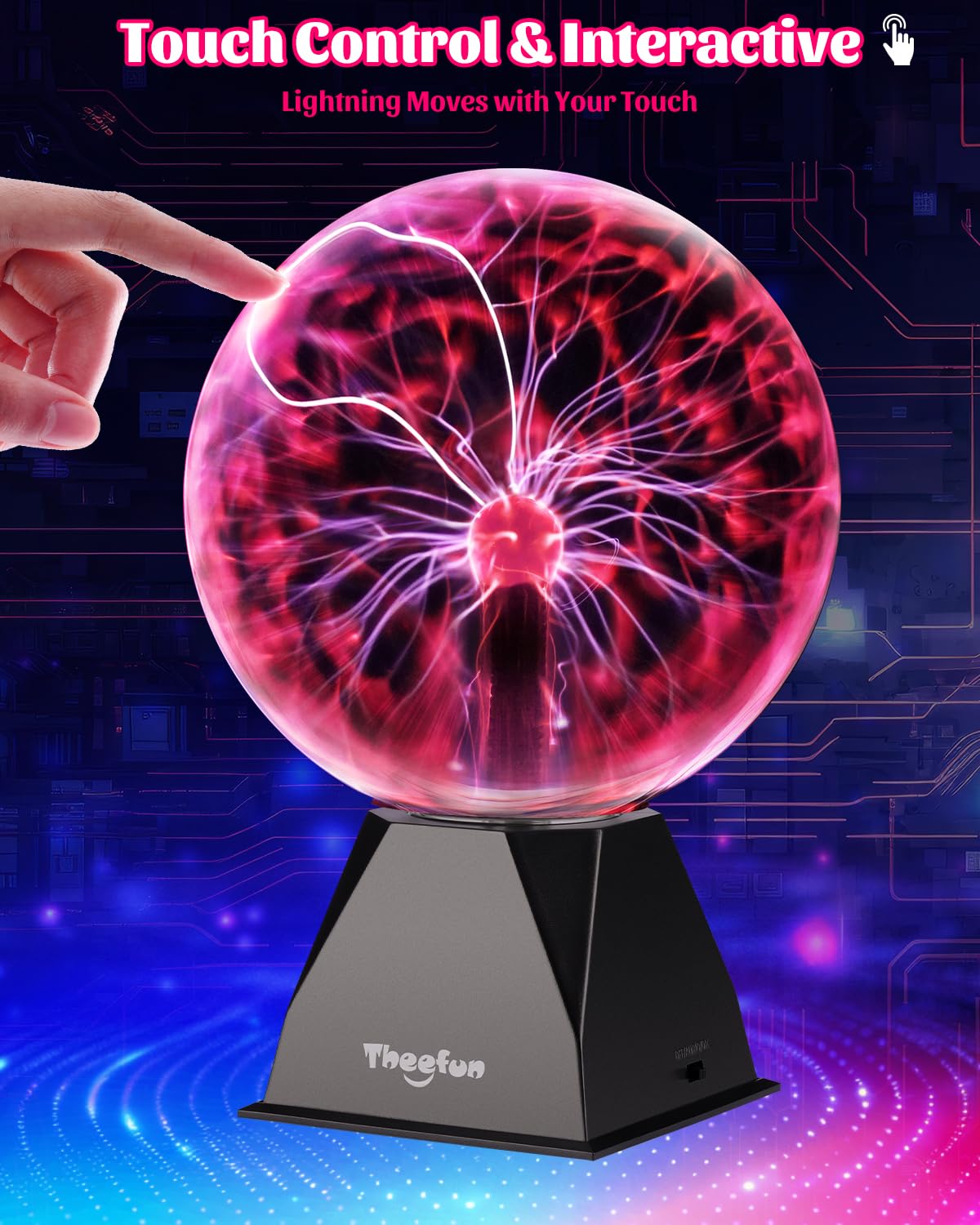 Theefun plasma ball touch interaction lights follow your fingers for interactive display.
