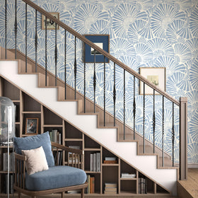 Theper blue stripes protect walls while creating a stylish kitchen backsplash look