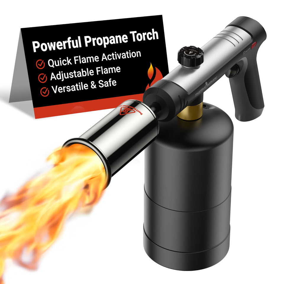 ThermoMaven propane torch with one-touch max fire delivers quick high-heat searing.