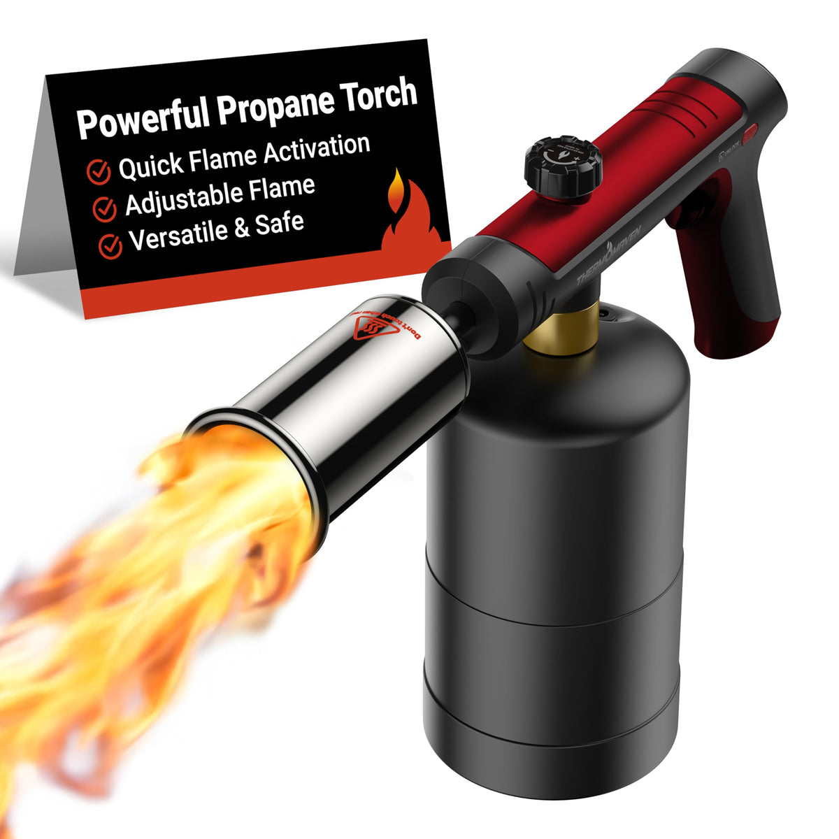 ThermoMaven propane torch with one-touch max fire for fast ignition.