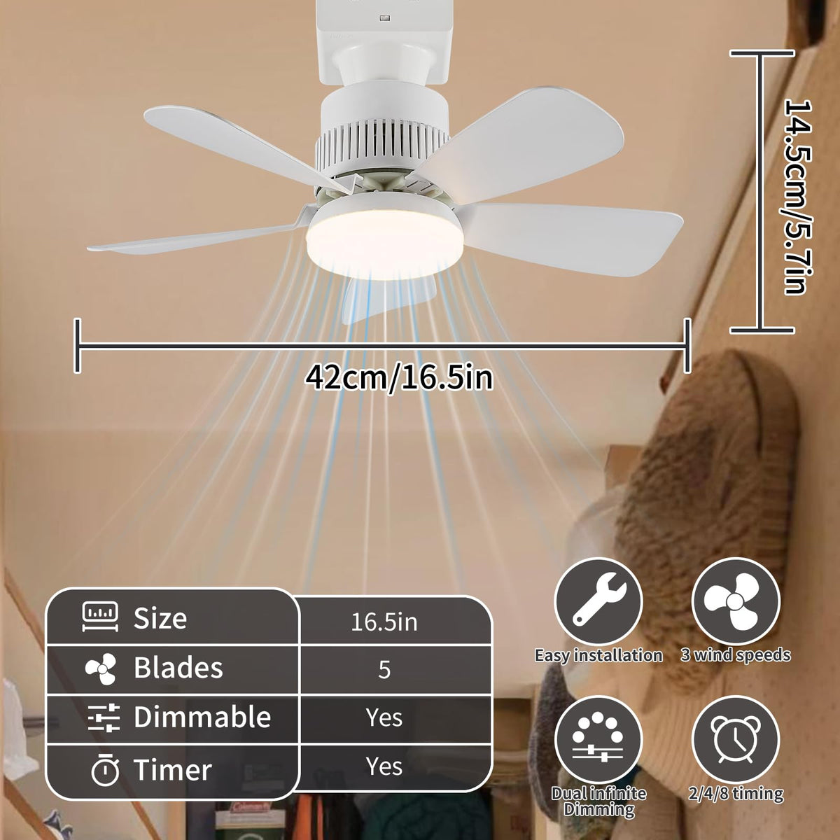 Therqo socket light fan dorm and garage installation ideal for small spaces.