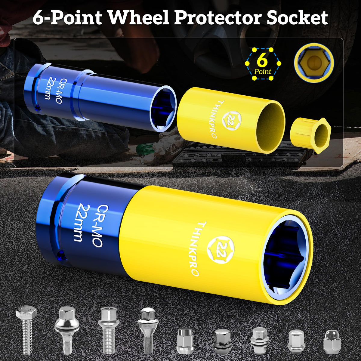 Thinkpro 21mm impact lug nut socket in Cr-Mo steel for durable service.