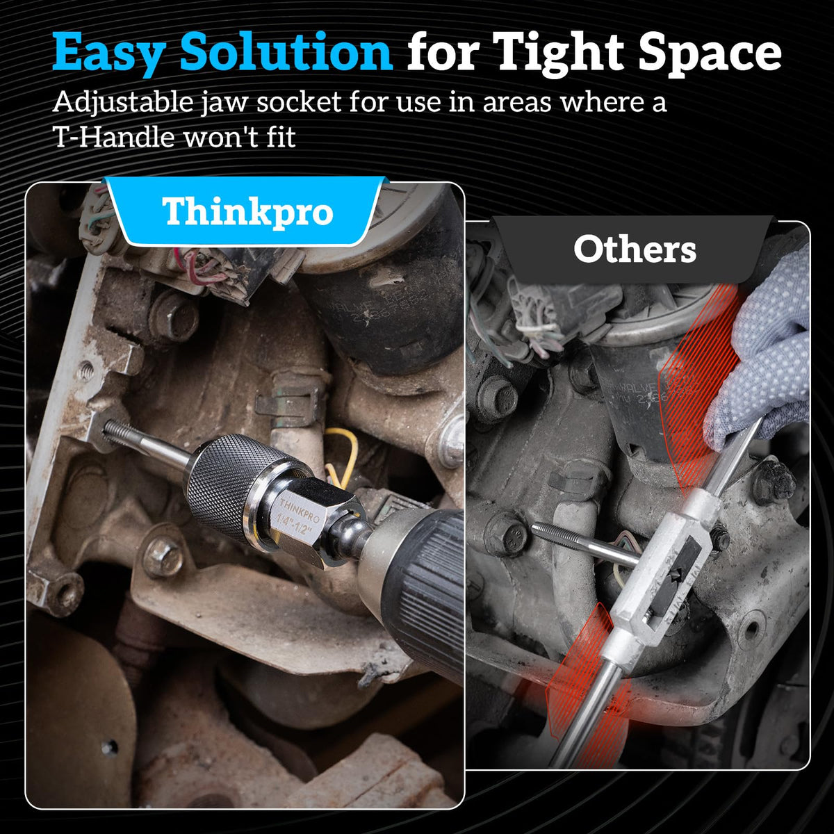Thinkpro tap socket with adjustable jaws securely grips taps.