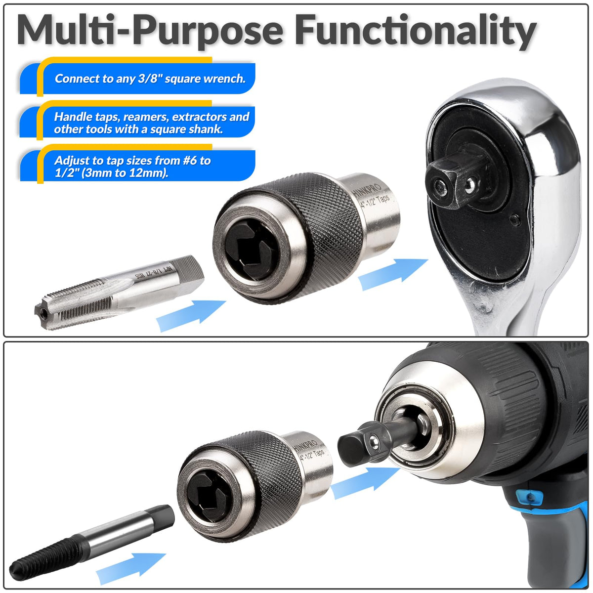 Thinkpro ratcheting tap socket with small jaws for tight spaces.