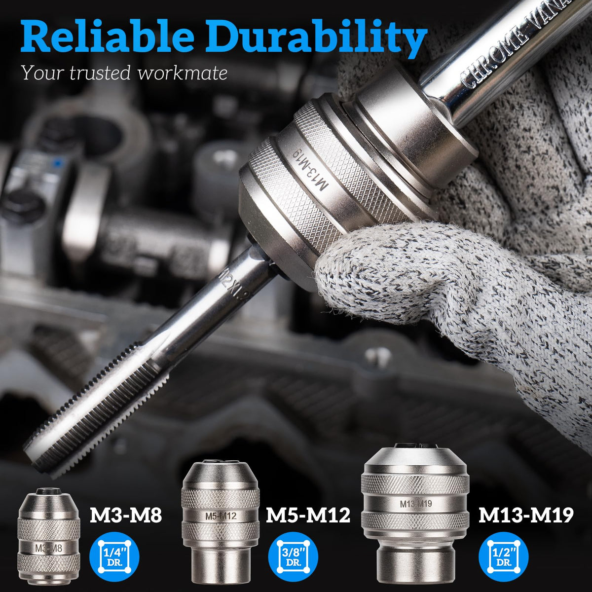 ThinkPro tap-socket-set supports M3–M19 sizes for taps, reamers, and extractors.
