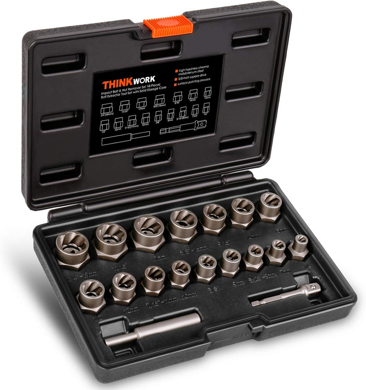 THINKWORK bolt extractor kit 18pc ready to grip stripped bolts securely.