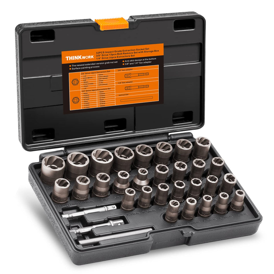 THINKWORK Bolt Extractor Kit 32-piece removes damaged bolts in tight spaces