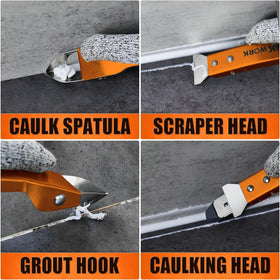 THINKWORK Caulking Tool Kit trowel and scraper in action for grout removal.