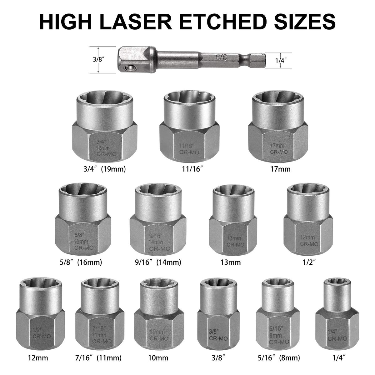 THINKWORK lug nut remover set includes multiple sizes for common fasteners.