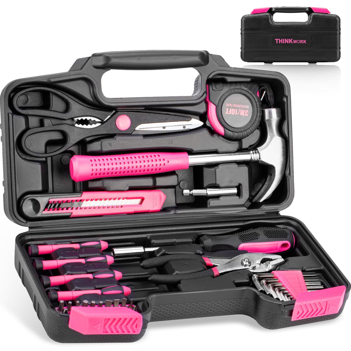 THINKWORK Pink Tool Set contents shown for versatile home repairs