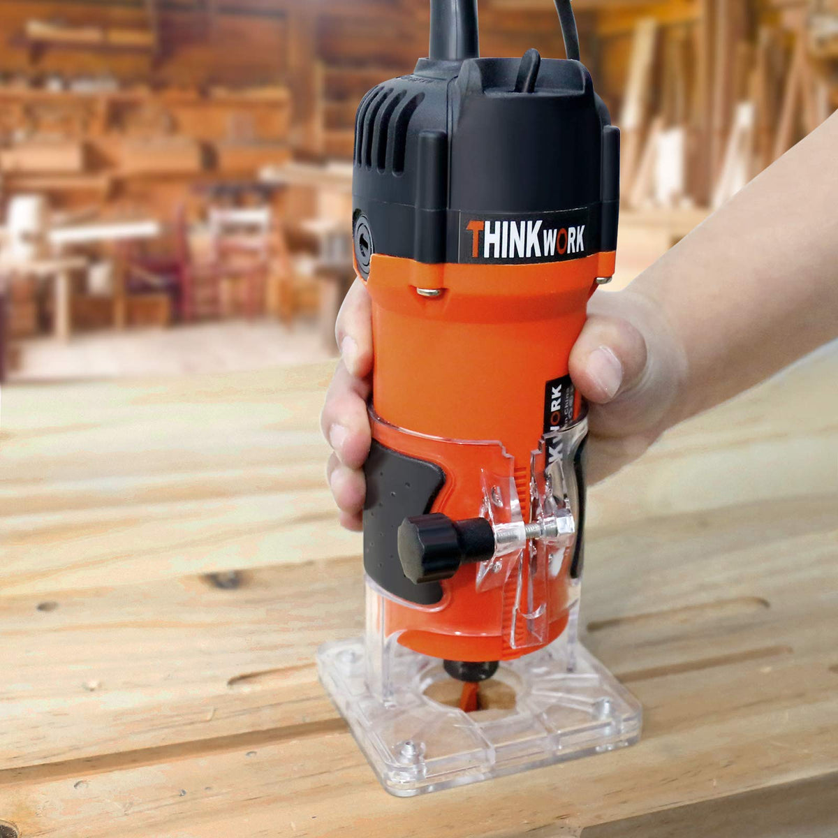 THINKWORK Router Tool kit contents with router bits and guides.