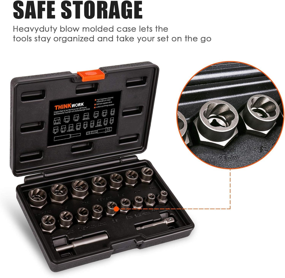 THINKWORK lug nut remover set aids removal of rusty or rounded fasteners.