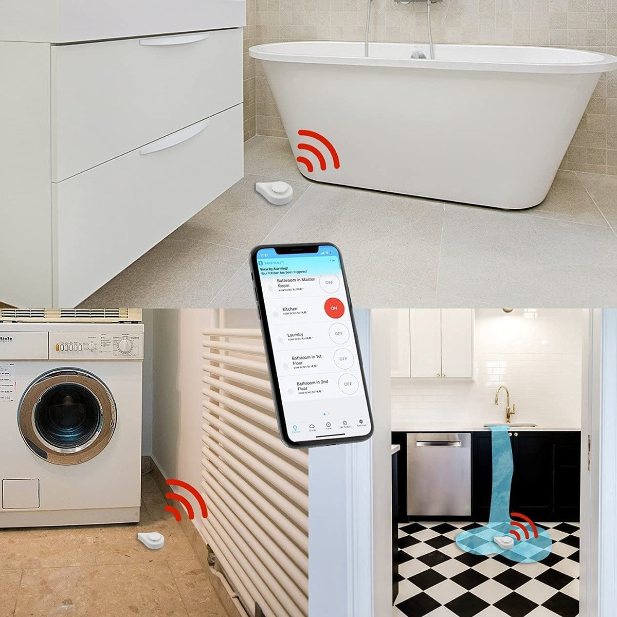 ThirdReality Zigbee water leak sensor placed near washing machine for early detection.