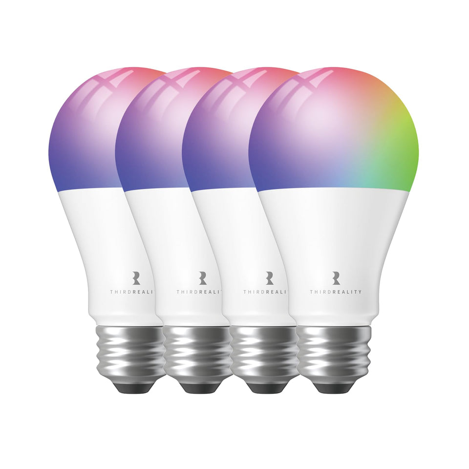 ThirdReality ZL1 four-pack bulb close-up showing vivid RGBW colors for mood lighting