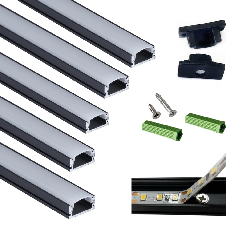 THMOOTHER pre-drilled U-channel in matte black for clean flush under-cabinet lighting.