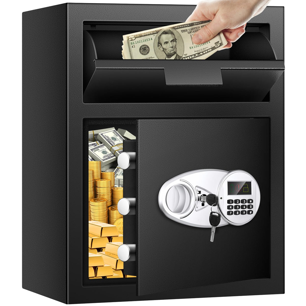 Thmosz depository safe front view shows sturdy build for secure cash storage