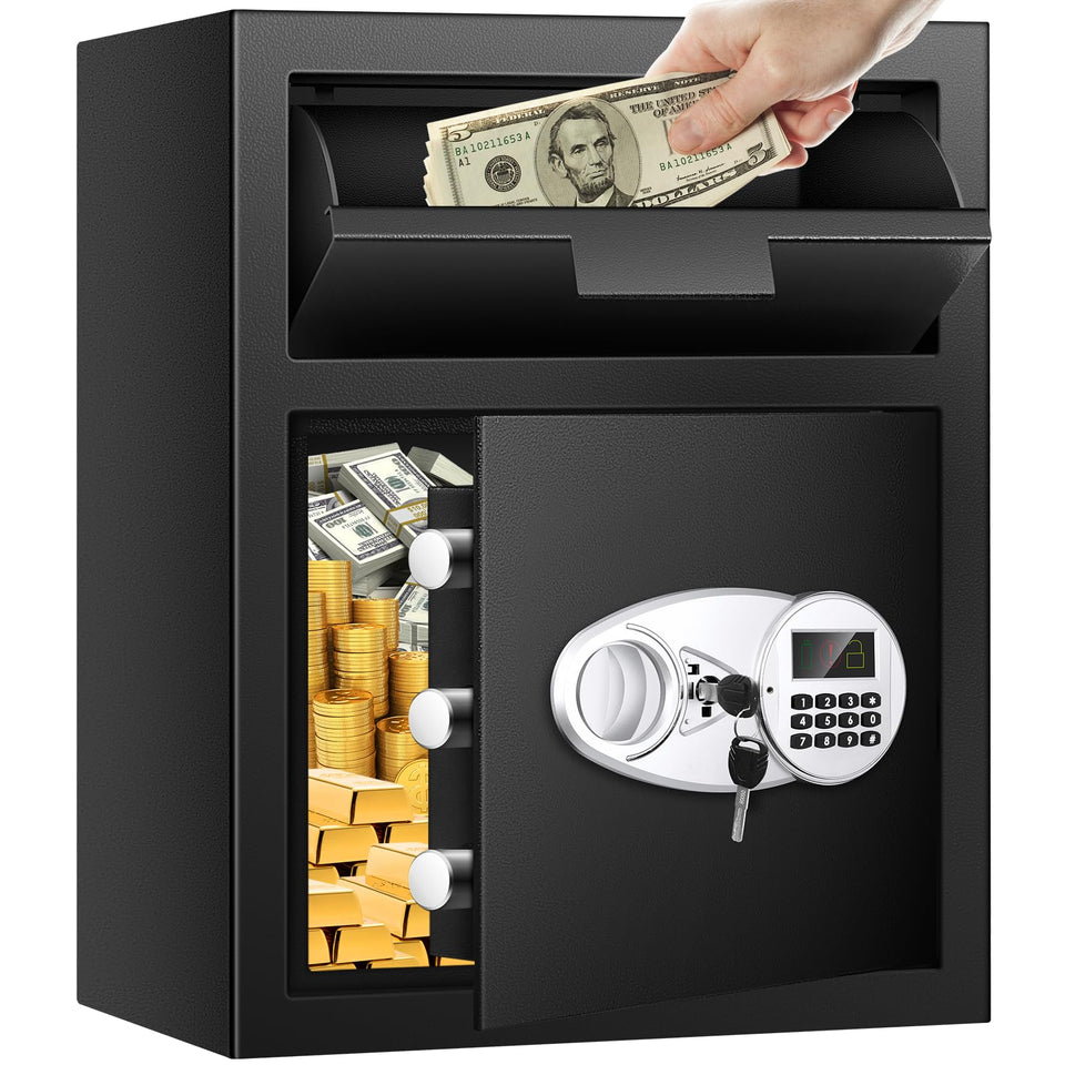 Thmosz depository safe front view shows sturdy build for secure cash storage