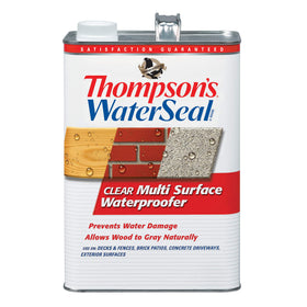 Thompson's WaterSeal Clear Stain bottle; enhances natural wood color and outdoor protection.