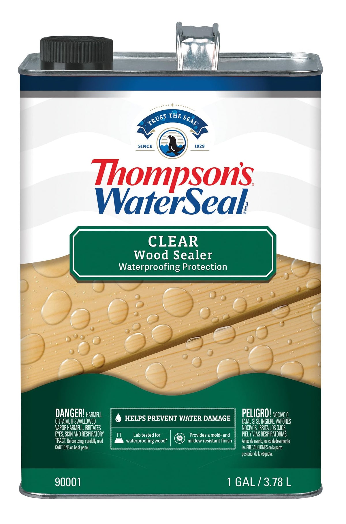 Thompson's WaterSeal clear wood sealer bottle showing protective clear finish for exterior wood