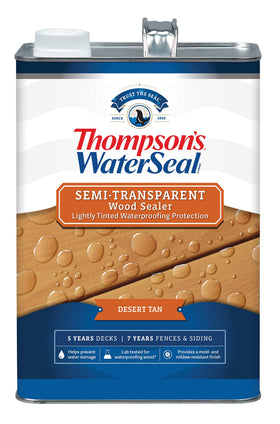 Thompson’s WaterSeal Desert Tan 1 gal bottle shows outdoor wood waterproofing.
