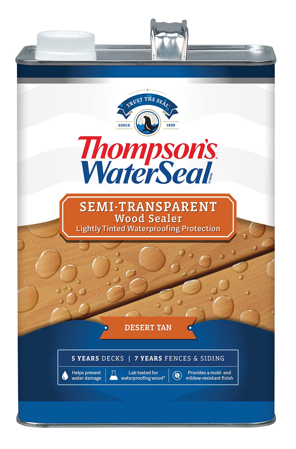 Thompson’s WaterSeal Desert Tan 1 gal bottle shows outdoor wood waterproofing.