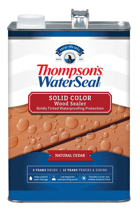 Thompson’s WaterSeal Solid Color Wood Stain label shows outdoor protection and color