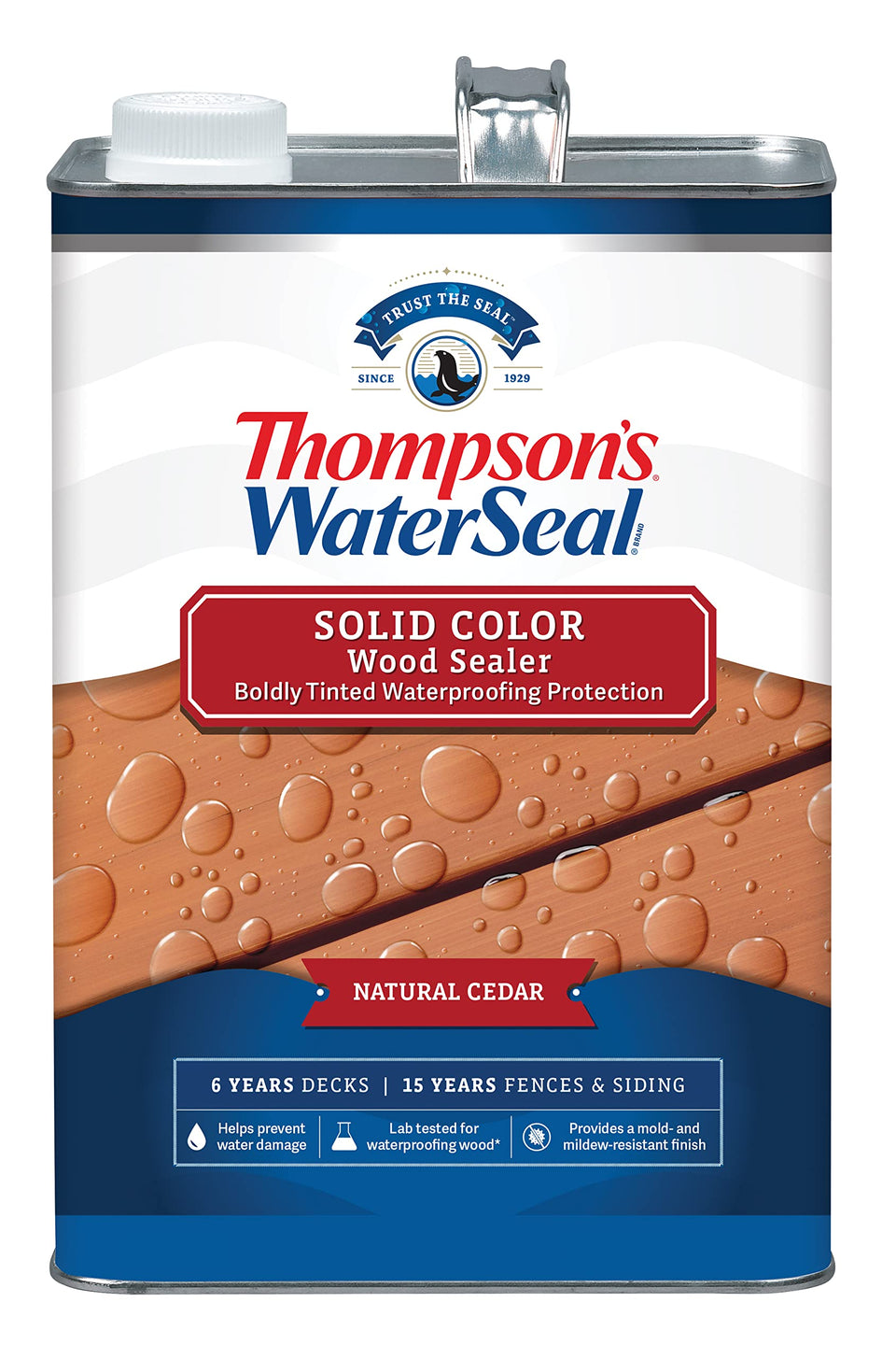Thompson’s WaterSeal Solid Color Wood Stain label shows outdoor protection and color
