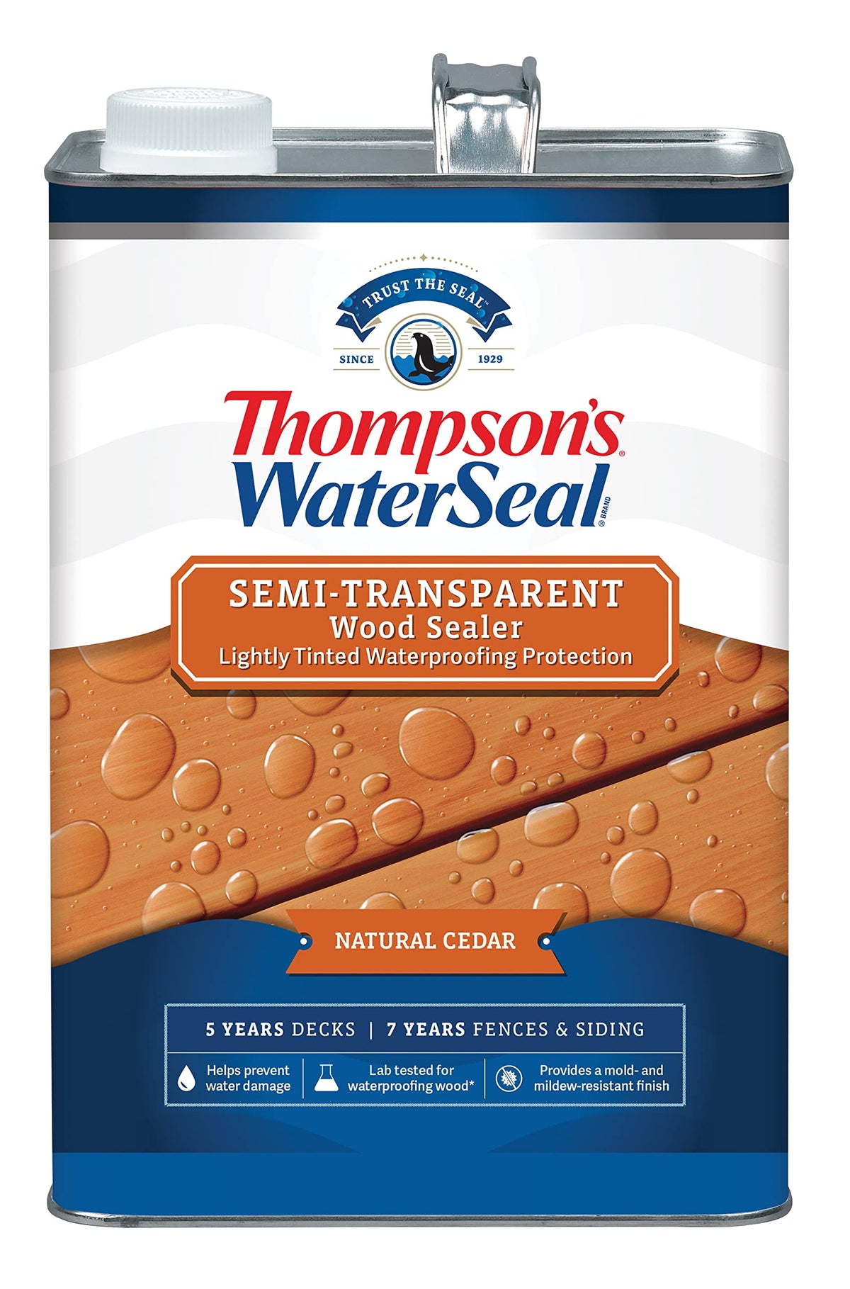 Thompson’s WaterSeal cedar stain on wood showing lightly tinted color and grain hiding