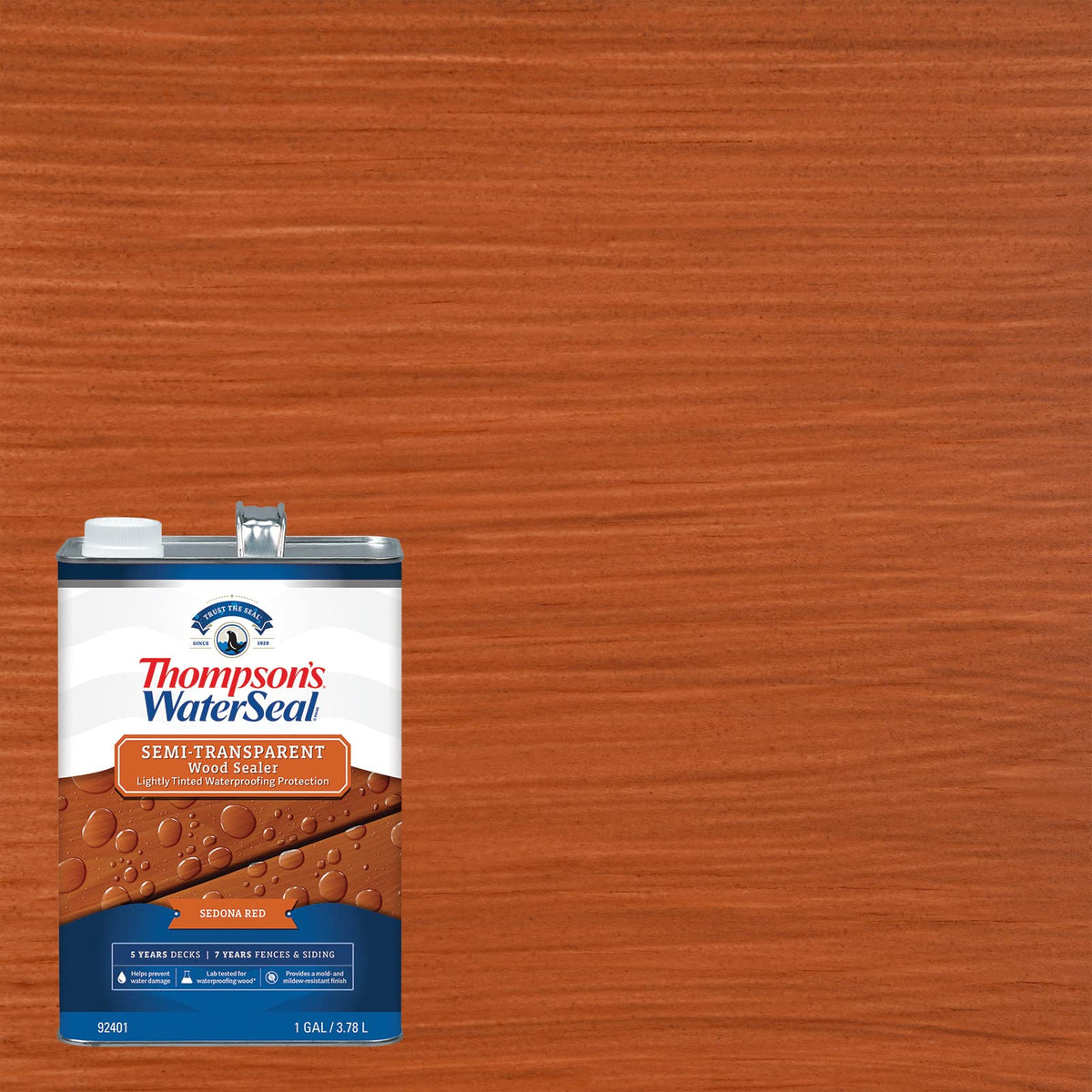 Thompson’s WaterSeal Sedona Red hides wood grain while keeping texture visible.