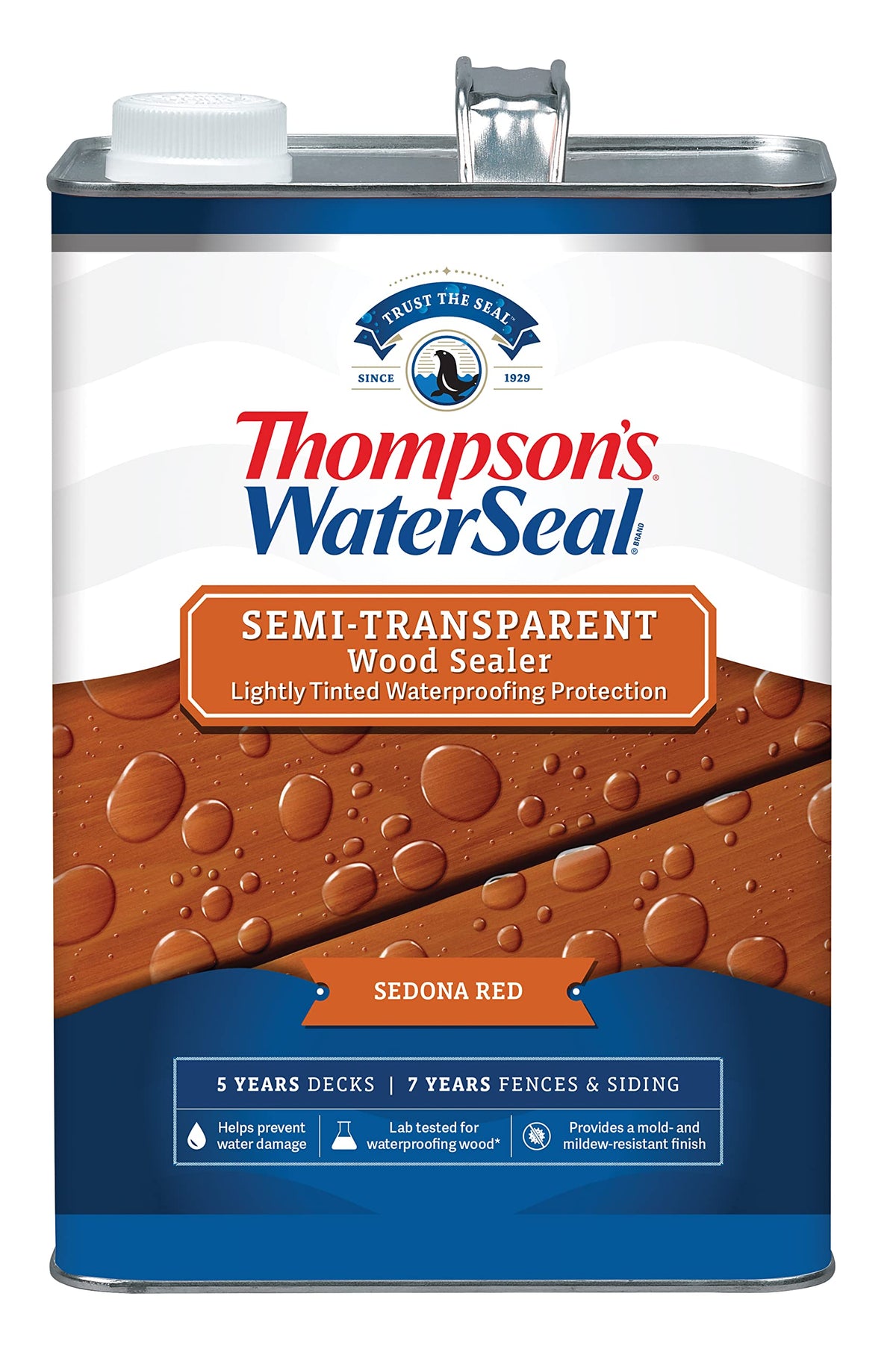 Thompson’s WaterSeal Sedona Red deck finish provides semi-transparent color and water protection.