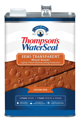 Thompson’s WaterSeal Sedona Red deck finish provides semi-transparent color and water protection.