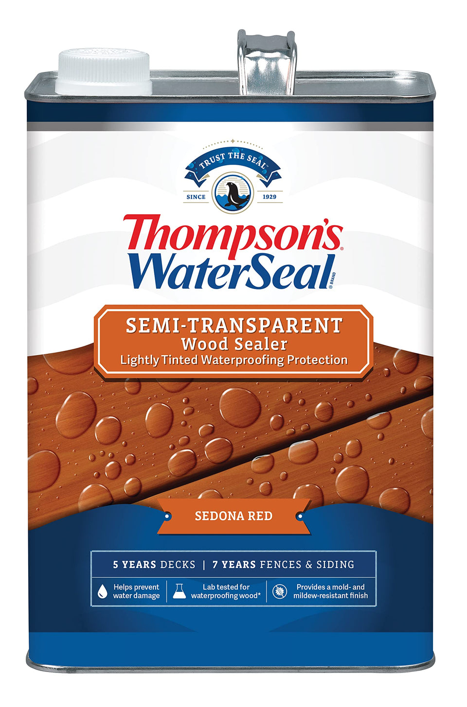 Thompson’s WaterSeal Sedona Red deck finish provides semi-transparent color and water protection.