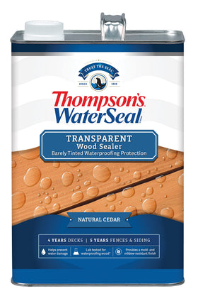 Thompson's WaterSeal can shows transparent cedar stain with moisture protection.